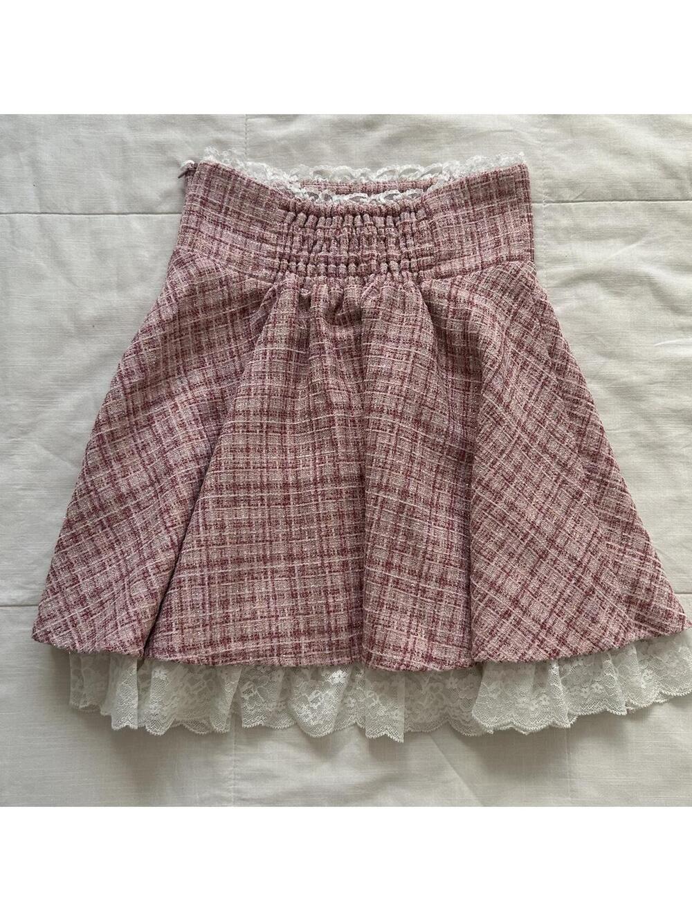 Ank Rouge Size XS Pink Tweed Lace Skater Skirt Himekaji Coquette Princess - Picture 4 of 8